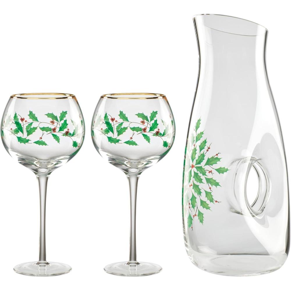 imageLenox 895032 Holiday 3Piece Decanter amp Wine Glasses Set Christmas Dinnerware Hosting