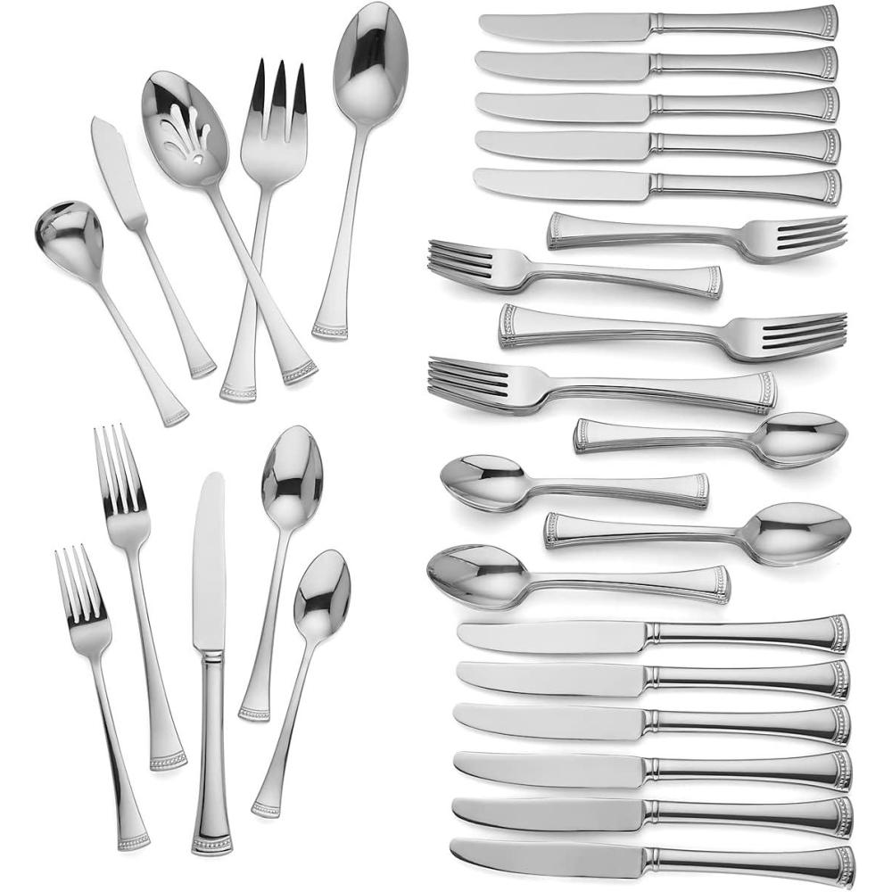 imageLenox Silverware Set For 12 Portola 65Piece Flatware Set with Serving Utensils Service For 12 1810 Stainless Steel Flatware Dishwasher Safe Knives Spoons and Forks Silver 65 pieces