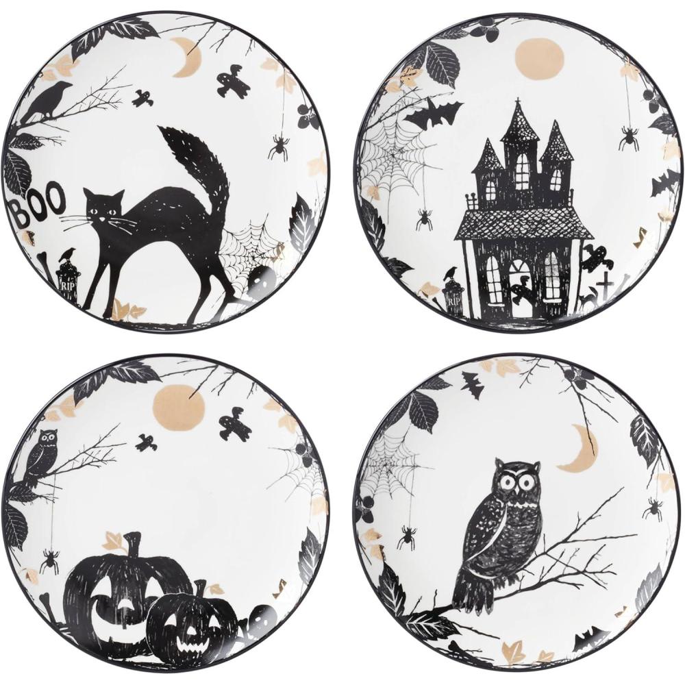 imageLenox Dinnerware Vintage Halloween Haunted Accent Plates Assorted Set of 4 Porcelain Dishwasher amp Microwave Safe Halloween Decor Indoor Spooky Decorative Plates for Home BlackWhite 4 Piece
