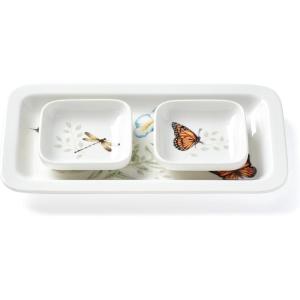 Lenox Butterfly Meadow Bloom 4Pc Dessert Bowl Set Pink(Sushi Plate with 2-Dip Bowl)