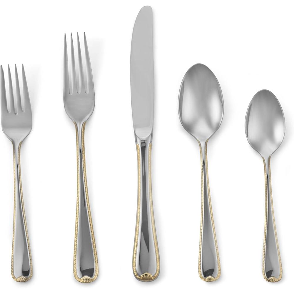imageGorham Valcourt Stainless Flatware 5 Piece Place Setting Silver Golden Ribbon Edge