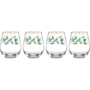 Lenox 888202 Holiday 4-Piece Stemless Wine Glasses, Christmas Drinkware Set, Hosting