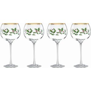 Lenox Drinkware, Holiday 4-Piece Wine Balloon Glass Set, Set Of 4, 14 Fl Oz Capacity, Made From Glass, Festive Red Christmas Design, Hand Wash Only, Christmas Decorations, Winter Decor (4 Piece)