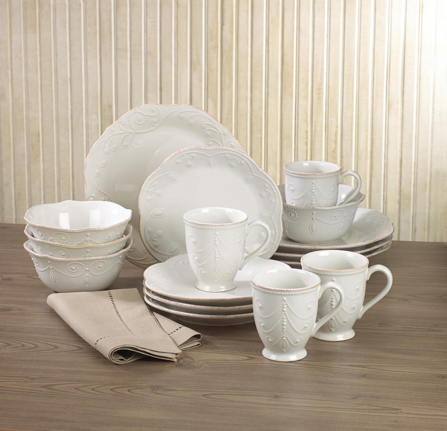 imageLenox Dinnerware Set French Perle White 16Piece Set Service For 4 Stoneware Material Dishwasher Safe Microwave Safe Plates Bowls Mugs Plates and Bowls Dishes White 16 Piece