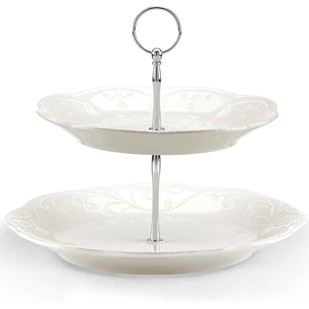 imageLenox 2Tier Serving Tray French Perle White Two Tiered Tray Stand Dessert Stands Tiered Display with Round Plates Christmas Hosting Essentials Serving Dishes Cupcake Stand White 9inch Height
