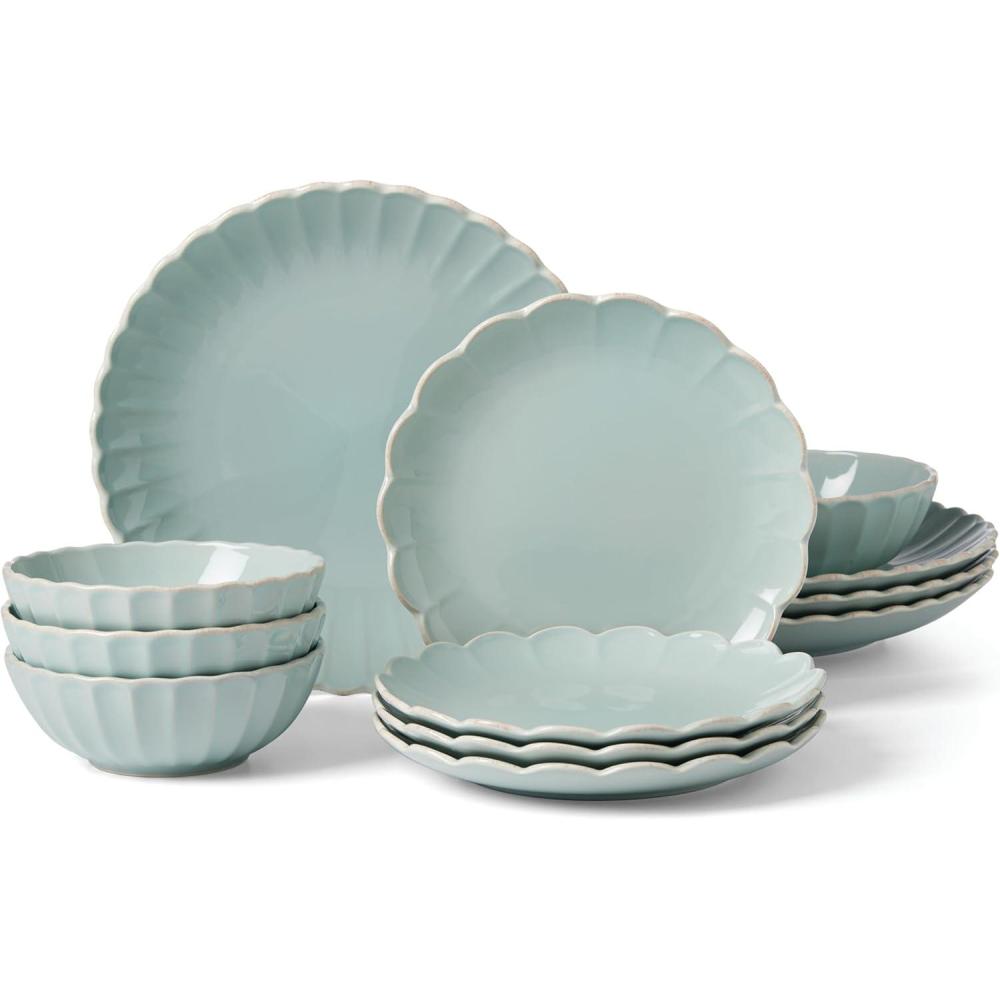 imageLenox Dinnerware Set French Perle Scallop Ice Blue 12Piece Set Service For 4 Stoneware Dishwasher Safe Microwave Safe Plates and Bowls sets Dish Set Home And Kitchen Ice Blue 12 Piece