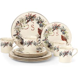 Lenox 6122055 Winter Greetings 12-Piece Dinnerware Set, Red & Green, Christmas, Holiday Hosting, Service For 4