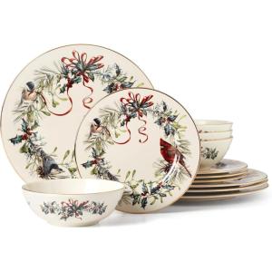 Lenox 894540 Winter Greetings 12-Piece Dinnerware Set, Red & Green, 12 Count, Christmas, Holiday Hosting