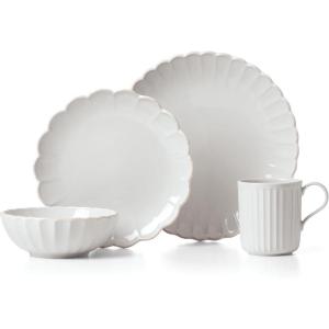 Lenox Dinnerware Set, French Perle Scallop 4-Piece Place Setting, Service For 1, Dinnerware Set, Stoneware, Includes Plates, Bowl, and Mug, Dishwasher And Microwave Safe, Dish Set (White, 4 Piece)