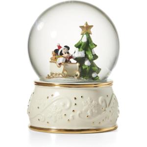 Lenox Mickey Mouse Snow Globe, White Porcelain with 24K Gold Accents, Mickey Riding Through Snow Near Christmas Tree, Festive Christmas Decorations Indoor, Disney Classroom Decor, Teacher Gifts, 5.5″H