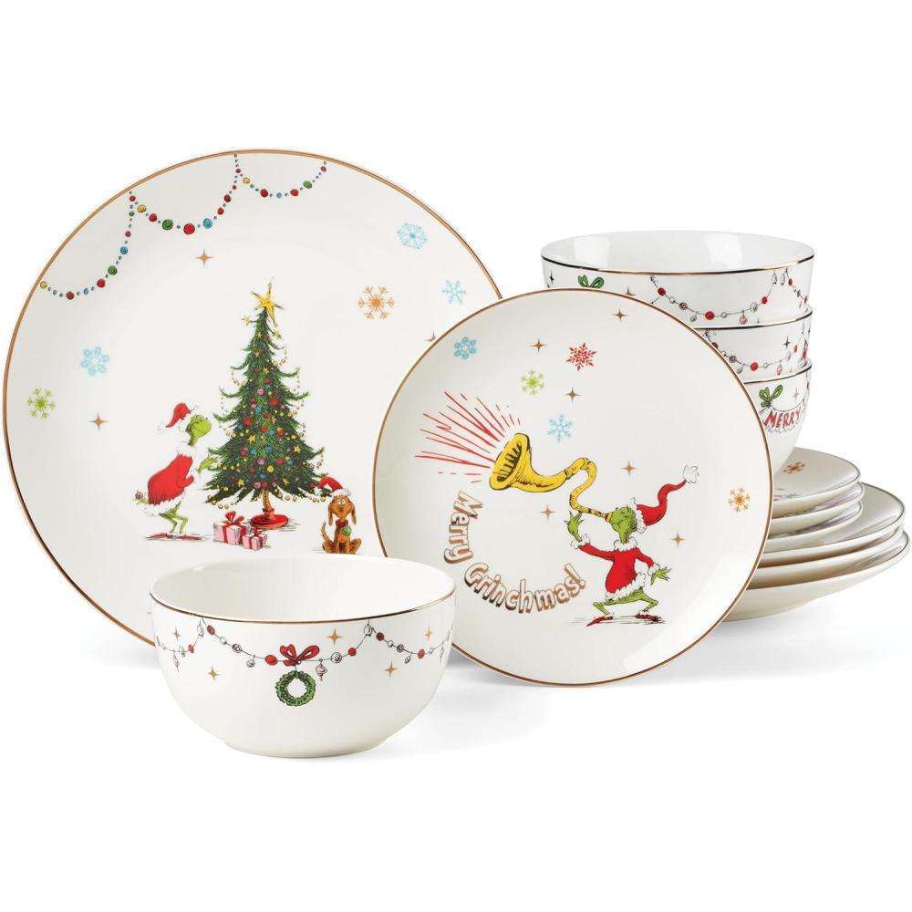 imageLenox 895051 Merry Grinchmas 12Piece Dinnerware Set Green 12 Count Christmas Holiday Hosting