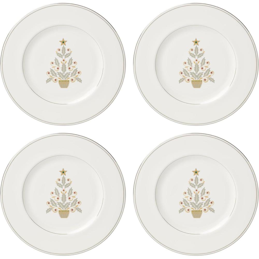 imageLenox 897868 Federal Platinum Tree Accent Plates Service For 4 Christmas Dishes Dinnerware Set Holiday
