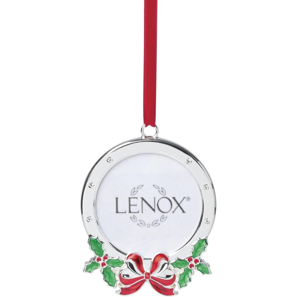 imageLenox Christmas Tree Ornaments Holly Frame Silverplated Ornament Round Picture Frame Red Ribbon for Hanging Christmas Decor Tree Decor Family Picture Ornaments Silver 1Piece 25x35Inch