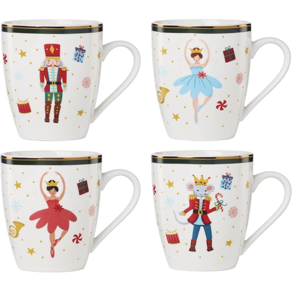 imageLenox Coffee Mugs Set Of 4 Nutcracker Ballet 13 Oz Coffee Mugs Porcelain Material with Gold Accents Dishwasher and Microwave Safe Assorted Nutcracker Design Christmas Decorations 13 Oz 4 Piece