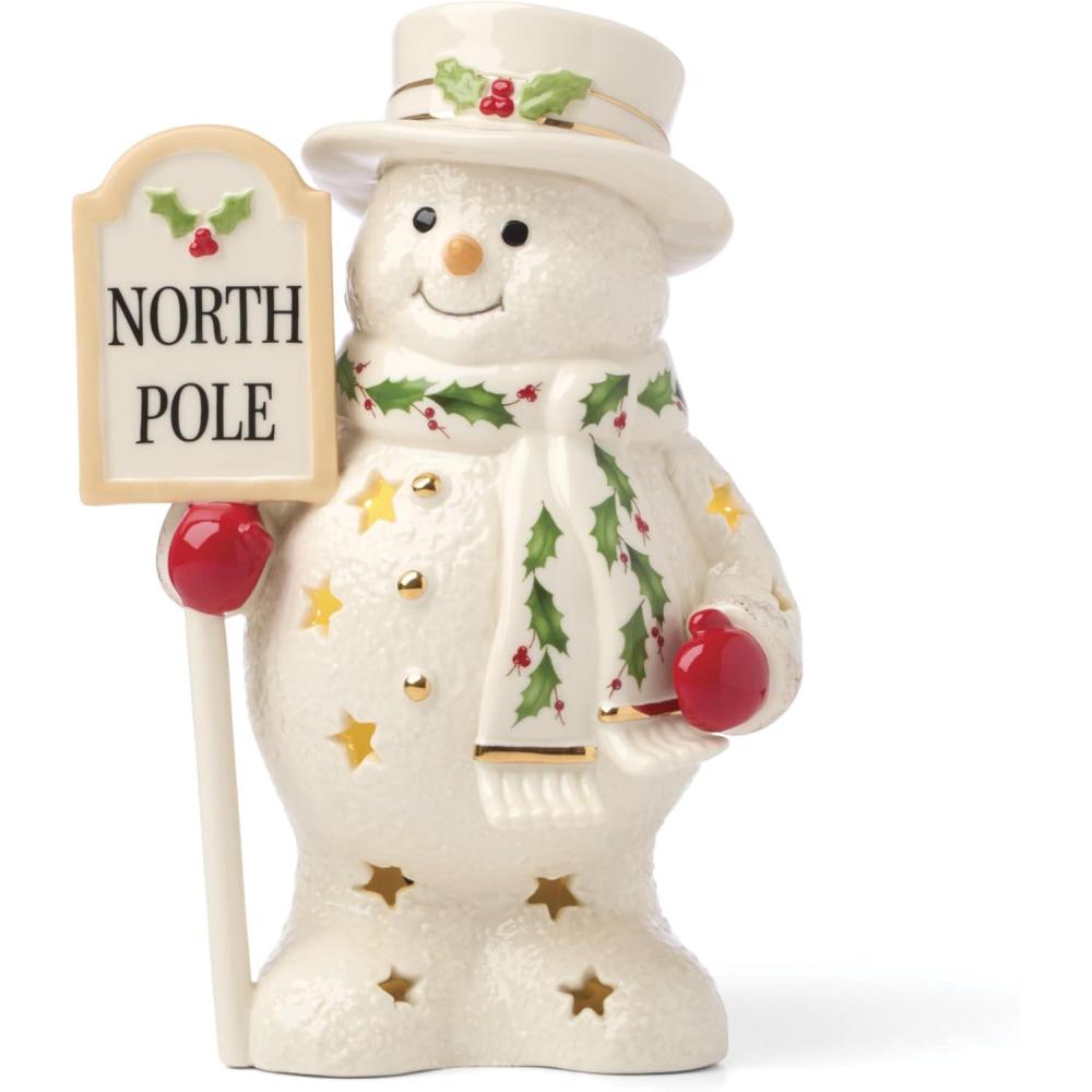 imageLenox Figurine Happy Holly Days North Pole Snowman LightUp Figurine Christmas Decorations Christmas Decor Indoor Snowman Design Ivory 1 Piece 775Inch Height 2 AAA Batteries Not Included