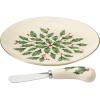 Lenox Serveware, Hosting The Holidays Cheese Plate & Knife Set, Service for 1, Ivory Porcelain, Dishwasher Safe, 6.75 Inch Diameter, Christmas Decorations, Christmas Decor (White/Green/Red, 2 Pieces)