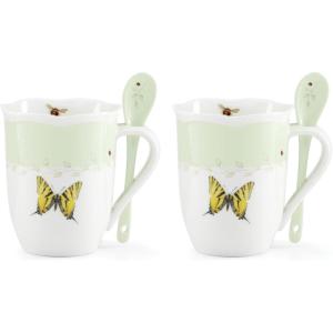 Lenox 897802 Butterfly Meadow Color Mugs With Spoons, Set Of 2, Green