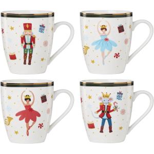 Lenox Coffee Mugs, Set Of 4 Nutcracker Ballet 13 Oz Coffee Mugs, Porcelain Material with Gold Accents, Dishwasher and Microwave Safe, Assorted Nutcracker Design, Christmas Decorations (13 Oz, 4 Piece)