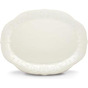 Lenox Serveware, Lenox French Perle White Serving Platter, Oval Shape, 16-Inch, Stoneware, Dishwasher Safe, Turkey Platter for Thanksgiving, Winter Hosting, Christmas Serving (White, 1 Piece)