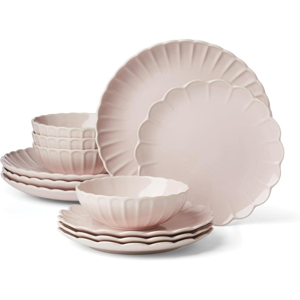 imageLenox Dinnerware Set French Perle Scallop Blush 12Piece Set Service For 4 Stoneware Dishwasher Safe Microwave Safe Plates and Bowls sets Dish Set Plate Set Home And Kitchen Pink 12 Piece