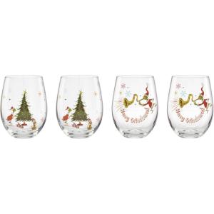 Lenox 896895 Merry Grinchmas Glass Tumblers, Set of 4, Assorted, Christmas Drinkware, Holiday Hosting