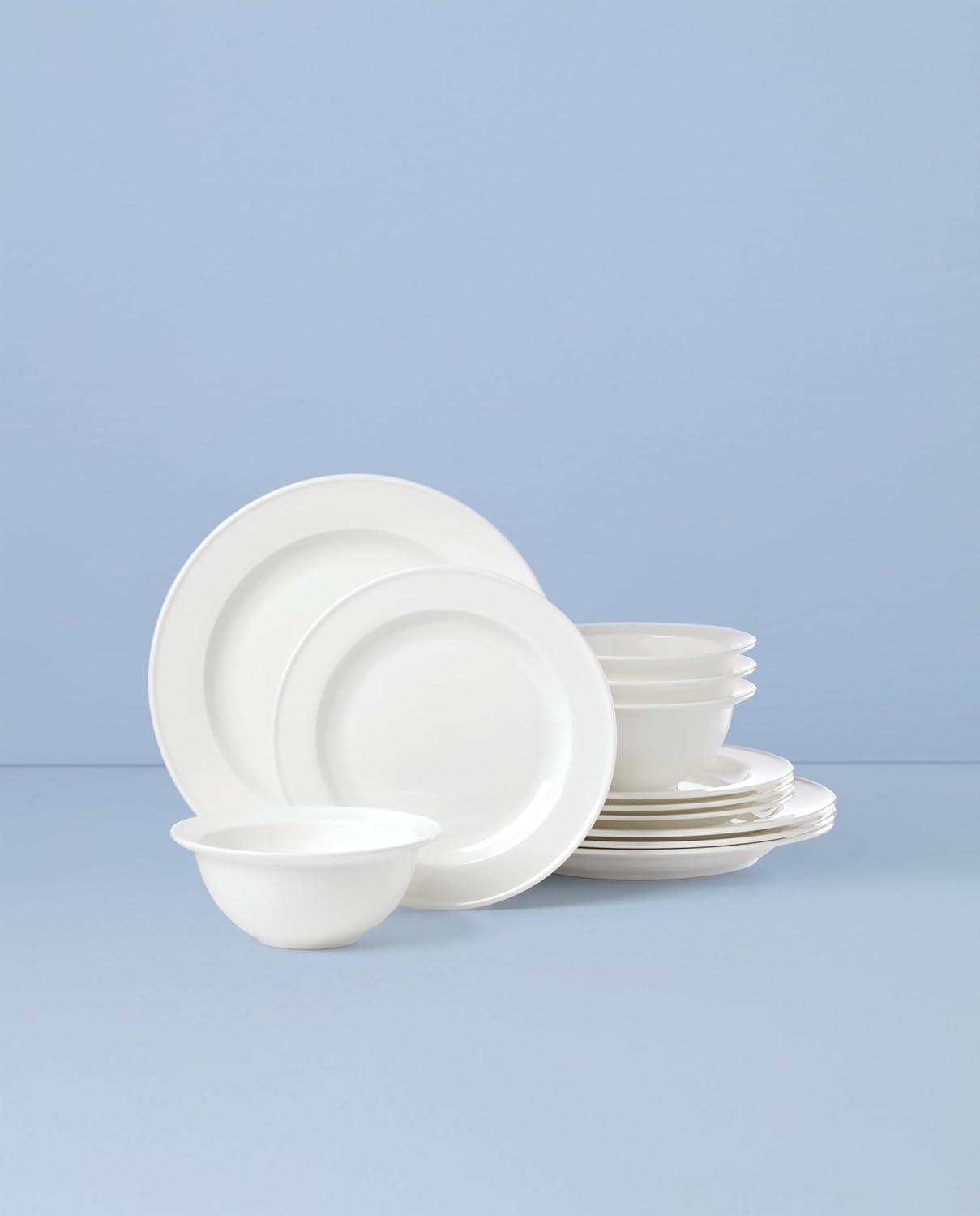 imageLenox Dinnerware Set Studio 1414 Rimmed 12Piece Set Service For 4 Bone China Material Dishwasher amp Microwave Safe Home And Kitchen Kitchen And Dining Plates And Bowls Sets White 12 Pieces