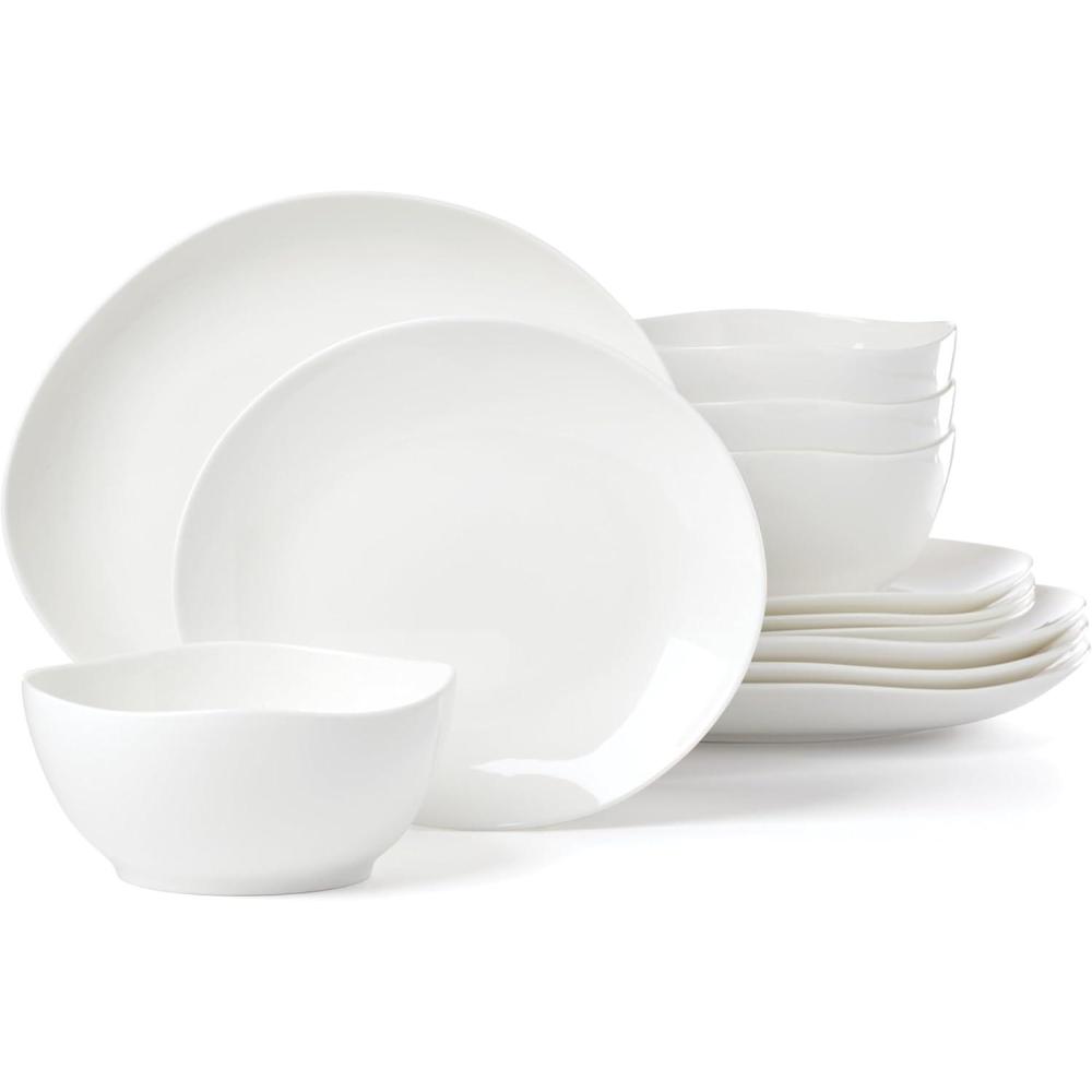 imageLenox Dinnerware Set Studio 1414 Curve 12Piece Set Service For 4 Bone China Material Dishwasher amp Microwave Safe Home And Kitchen Kitchen And Dining Plates And Bowls Sets White 12 Pieces