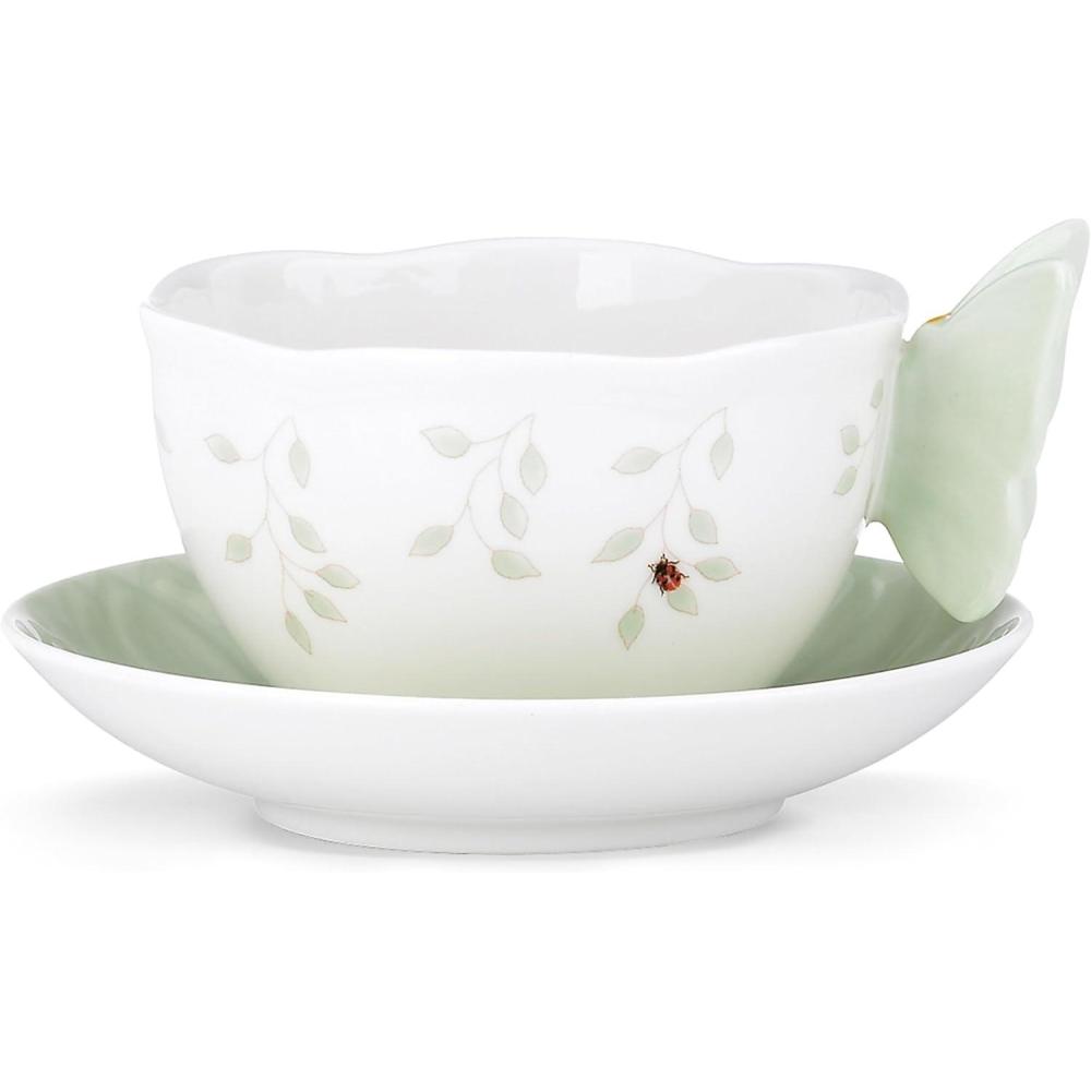 imageLenox Butterfly Meadow Figural Cup and Saucer Set YellowCup and Saucer Green