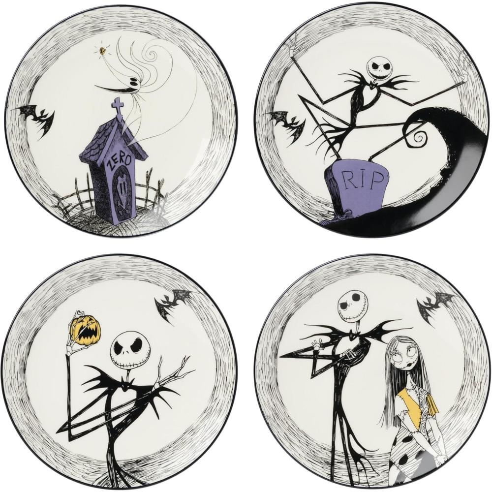 imageLenox Dinnerware Set Nightmare Before Christmas Accent Plates Set For 4 Jack Skellington Halloween Decor Indoor Porcelain Dishwasher Safe Microwave Safe Halloween Dishes WhiteBlack 4 Pieces