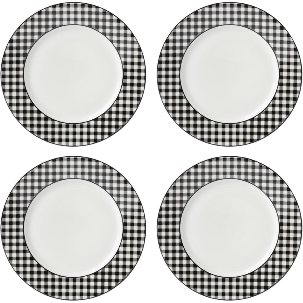 imageLenox Dinnerware Set Gingham Black Dinner Plates Service for 4 Porcelain Microwave amp Dishwasher Safe Halloween Dishes Bold Black Gingham Rims Halloween Decor Indoor BlackWhite 4 PiecesBlack