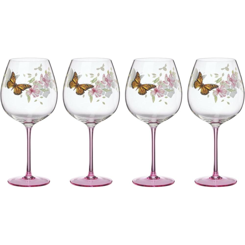 imageLenox Glassware Butterfly Meadow Pink Balloon Wine Glasses Set of 4 Service For 4 Made From Glass Dishwasher Safe Drinking Glasses Home And Kitchen Glass Cups Pink 4 Pieces 26 oz CapacityBalloon Wine Glass