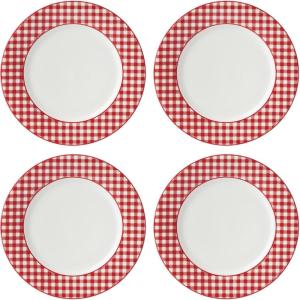 Lenox Dinnerware Set, Gingham Black Dinner Plates, Service for 4, Porcelain, Microwave & Dishwasher Safe, Halloween Dishes, Bold Black Gingham Rims, Halloween Decor Indoor (Black/White, 4 Pieces)(Red)