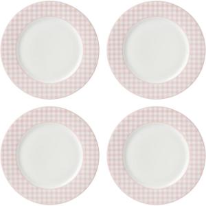 Lenox Dinnerware Set, Gingham Black Dinner Plates, Service for 4, Porcelain, Microwave & Dishwasher Safe, Halloween Dishes, Bold Black Gingham Rims, Halloween Decor Indoor (Black/White, 4 Pieces)(Pink)