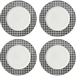 Lenox Dinnerware Set, Gingham Black Dinner Plates, Service for 4, Porcelain, Microwave & Dishwasher Safe, Halloween Dishes, Bold Black Gingham Rims, Halloween Decor Indoor (Black/White, 4 Pieces)(Black)