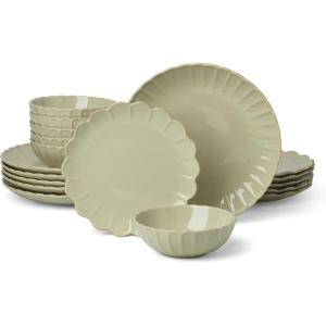 Lenox Stoneware Dinnerware Sets For 6, French Perle Scallop Matcha 18-Piece Dinnerware Set, Service For 6, Dishwasher Safe Ceramic Plates, Stoneware Dinner Plates and Bowls Sets (Green, 18 Piece)