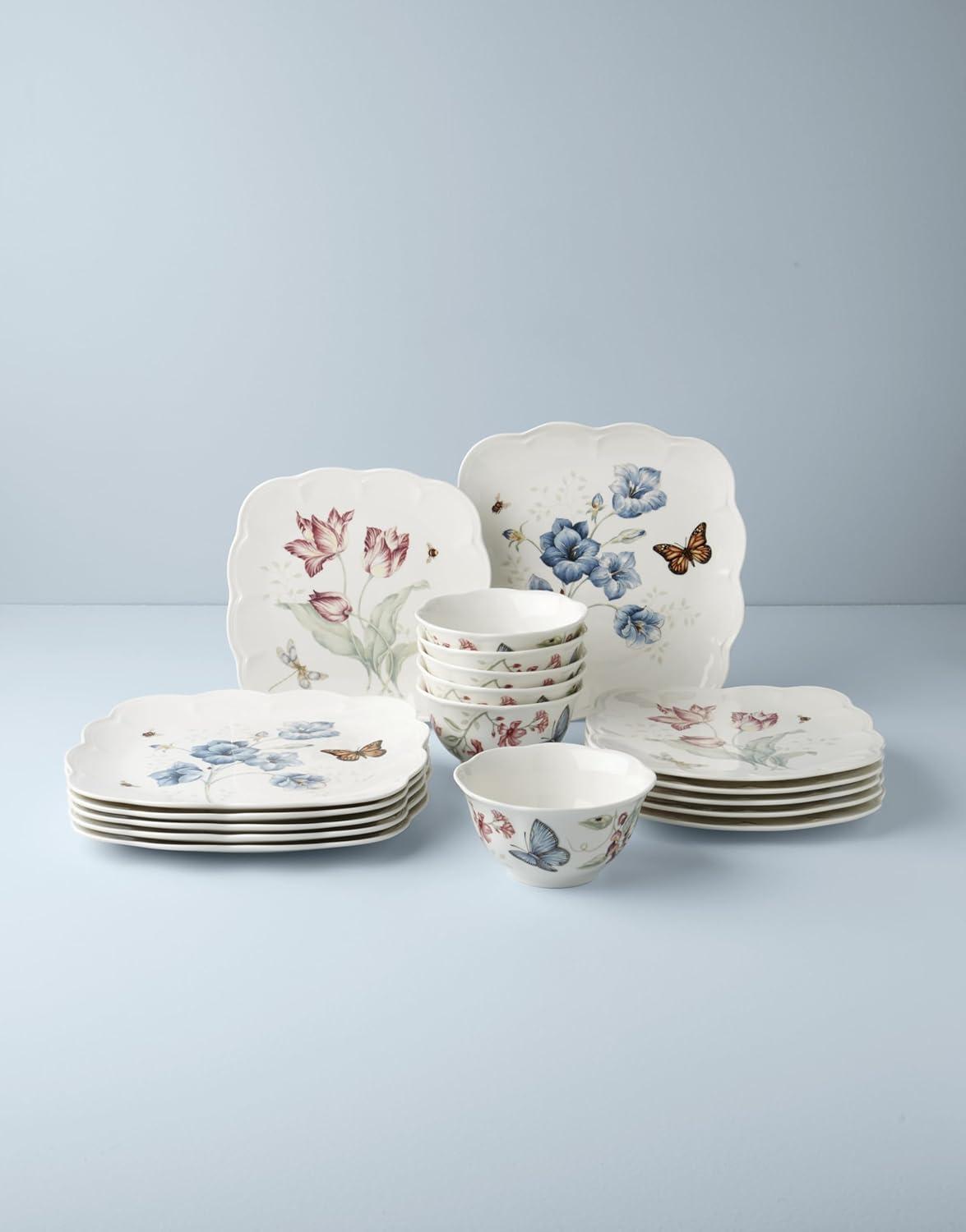 imageLenox Porcelain Dinnerware Sets For 6 Lenox Butterfly Meadow Collection Square 18Piece Dinnerware Set Service For 6 Kitchen and Dining Round Bowls Square Dinner Plates and Bowls Sets 18 Piece