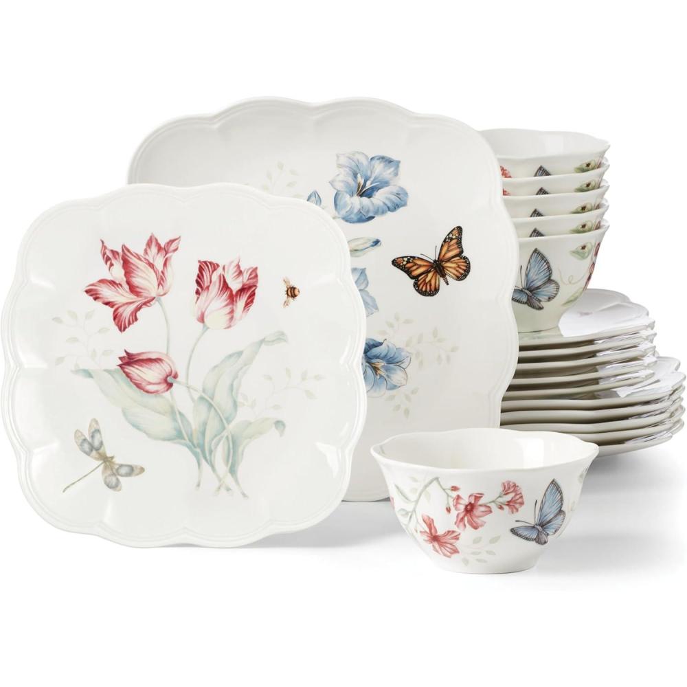 imageLenox Porcelain Dinnerware Sets For 6 Lenox Butterfly Meadow Collection Square 18Piece Dinnerware Set Service For 6 Kitchen and Dining Round Bowls Square Dinner Plates and Bowls Sets 18 Piece