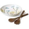 Lenox Dinnerware Set, Wildflowers Salad Bowl with Servers Set, Service For 1, Dishwasher and Microwave Safe, Stoneware Material, Wooden Servers, Mixing Bowl, Kitchen and Dining (White, 3 Pieces)