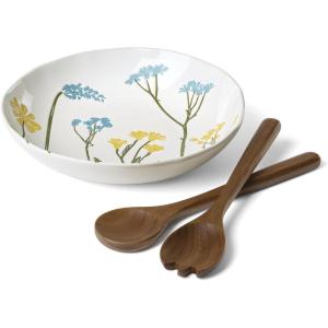 Lenox Dinnerware Set, Wildflowers Salad Bowl with Servers Set, Service For 1, Dishwasher and Microwave Safe, Stoneware Material, Wooden Servers, Mixing Bowl, Kitchen and Dining (White, 3 Pieces)