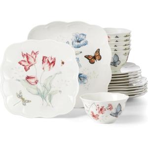 Lenox Porcelain Dinnerware Sets For 6, Lenox Butterfly Meadow Collection Square 18-Piece Dinnerware Set, Service For 6, Kitchen and Dining, Round Bowls, Square Dinner Plates and Bowls Sets (18 Piece)