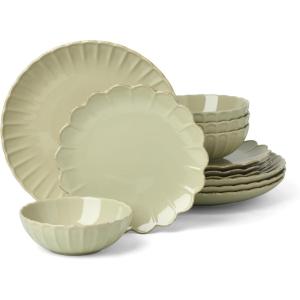 Lenox Stoneware Dinnerware Sets, French Perle Scallop Matcha 12-Piece Dinnerware Set, Service For 4, Green Dishes Set for 4, Dishwasher Safe, Stoneware Dinner Plates and Bowls Sets (Green, 12 Piece)