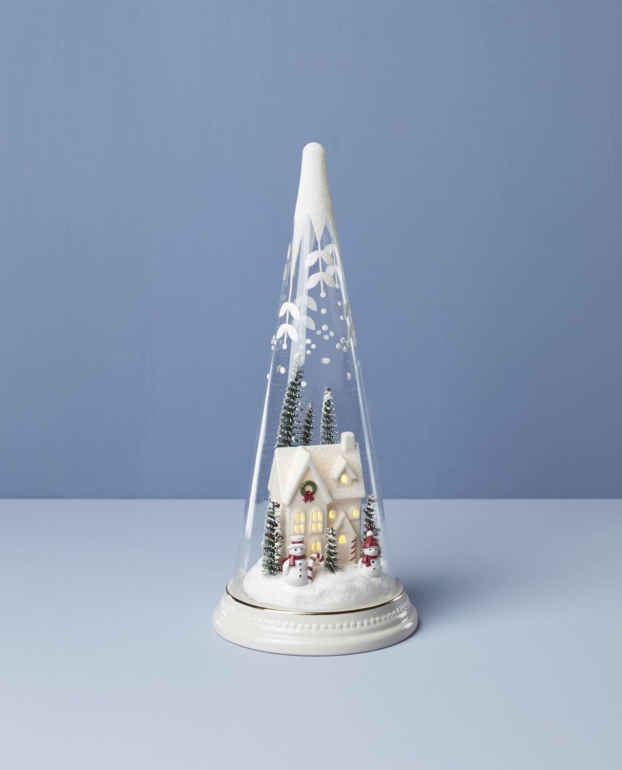 image:imageLenox 896633 Lit Christmas Cone with Farmhouse Scene Holiday Decor