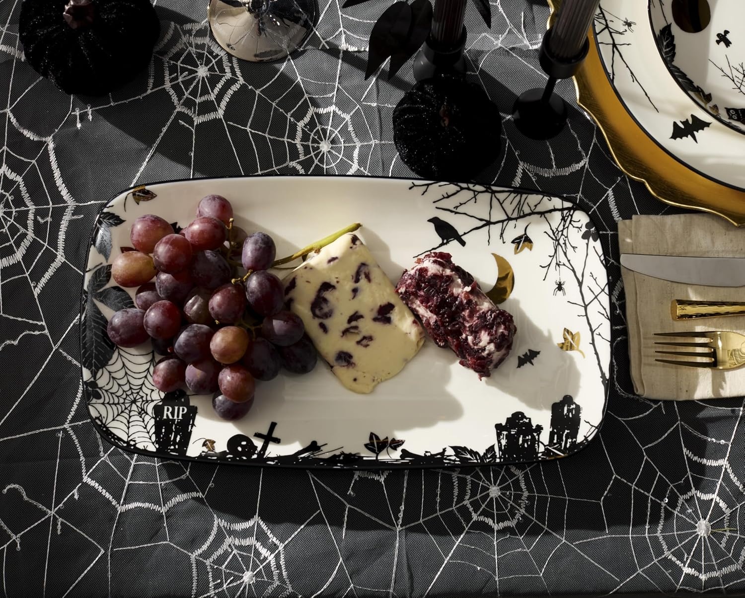 image:imageLenox Vintage Halloween Collection Haunted Manor Dinner Plate Set 4PieceServing Tray Bats